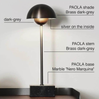 Christine Kröncke - Tischlampe Paola Messing Dunkelgrau Fuß Marmor Nero Marquina Schwarz - 3