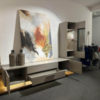 Gwinner - Wohnwand Kubo Media Lack Seidenmatt Fango Grau Holz Balkeneiche Honig - 6