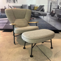 Walter Knoll - Sessel Shinzo Stoff Lucia 7695 Nutmeg Grau Braun Rücken Leder Saddle Khaki Braun Gestell Bronze Pulverbeschichtet Mit Hocker - 7