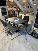Global - 6er-Set Stuhl Dinner Stoff Microfaser Ledo Grau Gestell 1x Stativ Drehbar Metall Schwarz 1x Stativ Fest Metall Schwarz Und 4x  Kufen Eisen Schwarz - 8