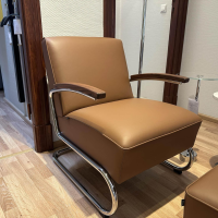 Thonet - Sessel S 411 Leder Linea 608 Marrone Braun Gestell Stahlrohr Verchromt Auflage Nussbaum Geölt Inkl. Hocker - 3